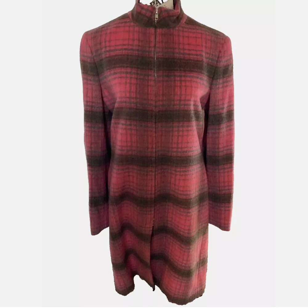 Parallel Vintage 90s Plaid Wool Long Jacket Blazer Pea Coat Pink Zip Women Sz 4